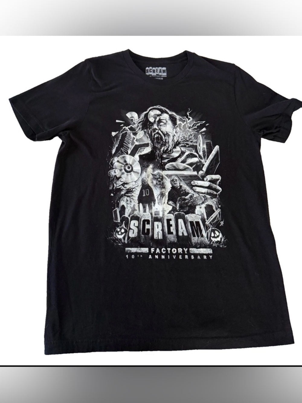 SCREAM FACTORY 10TH ANNIVERSARY GRAPHIC T-SHIRT, BLACK SIZE LARGE